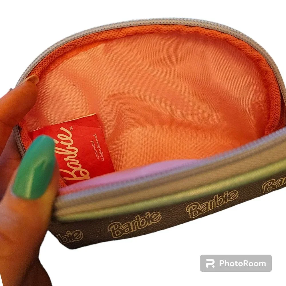 Mattel Barbie Makeup Small Bag Silver All Over Logo Hot Pink Inside Barbiecore